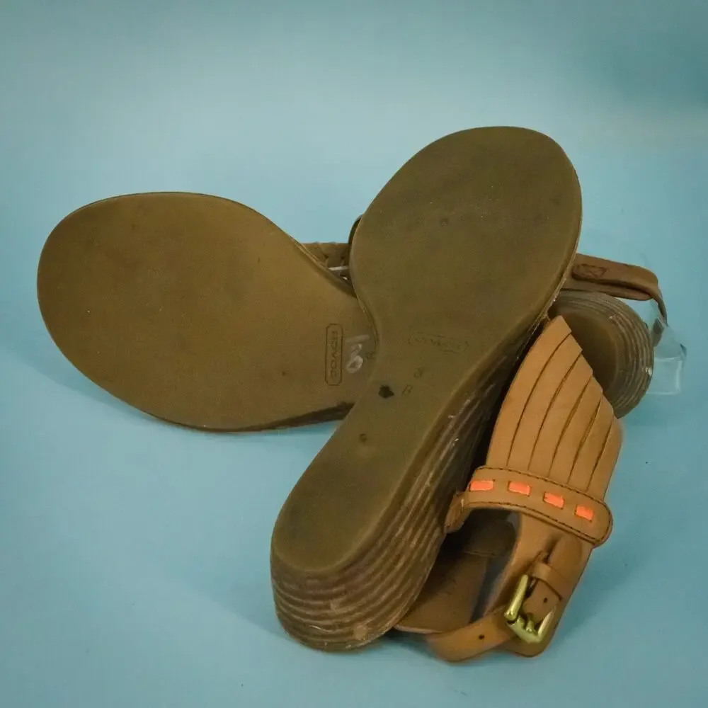 Coach Size 8 Brown Tan Leather Orange Ankle Strap Buckle Thong Flip Flop Sandals